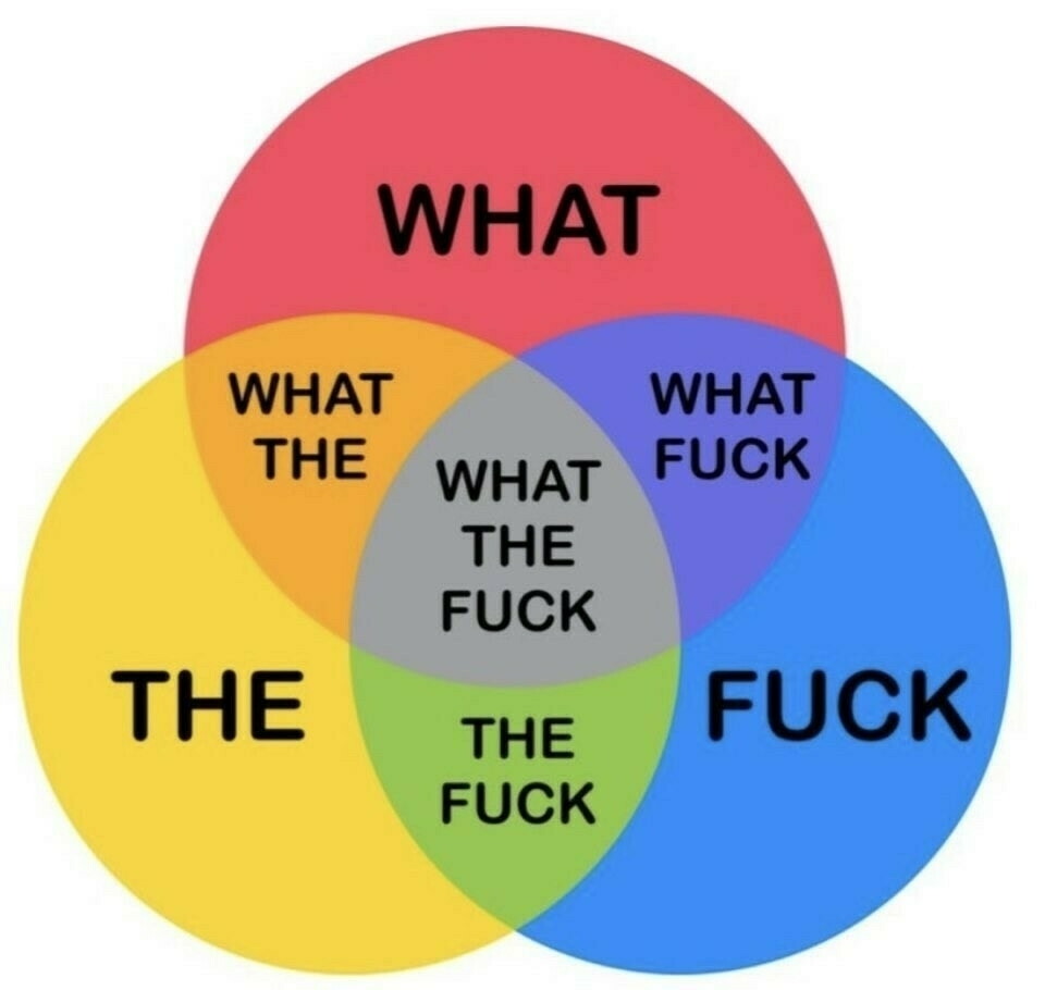 Venn diagram of the words "What" "The" and "Fuck" with "What the fuck" at the central intersection of all three circles. Done with blue, red and yellow colours, so it takes off the edge of pain many of us feel this morning.