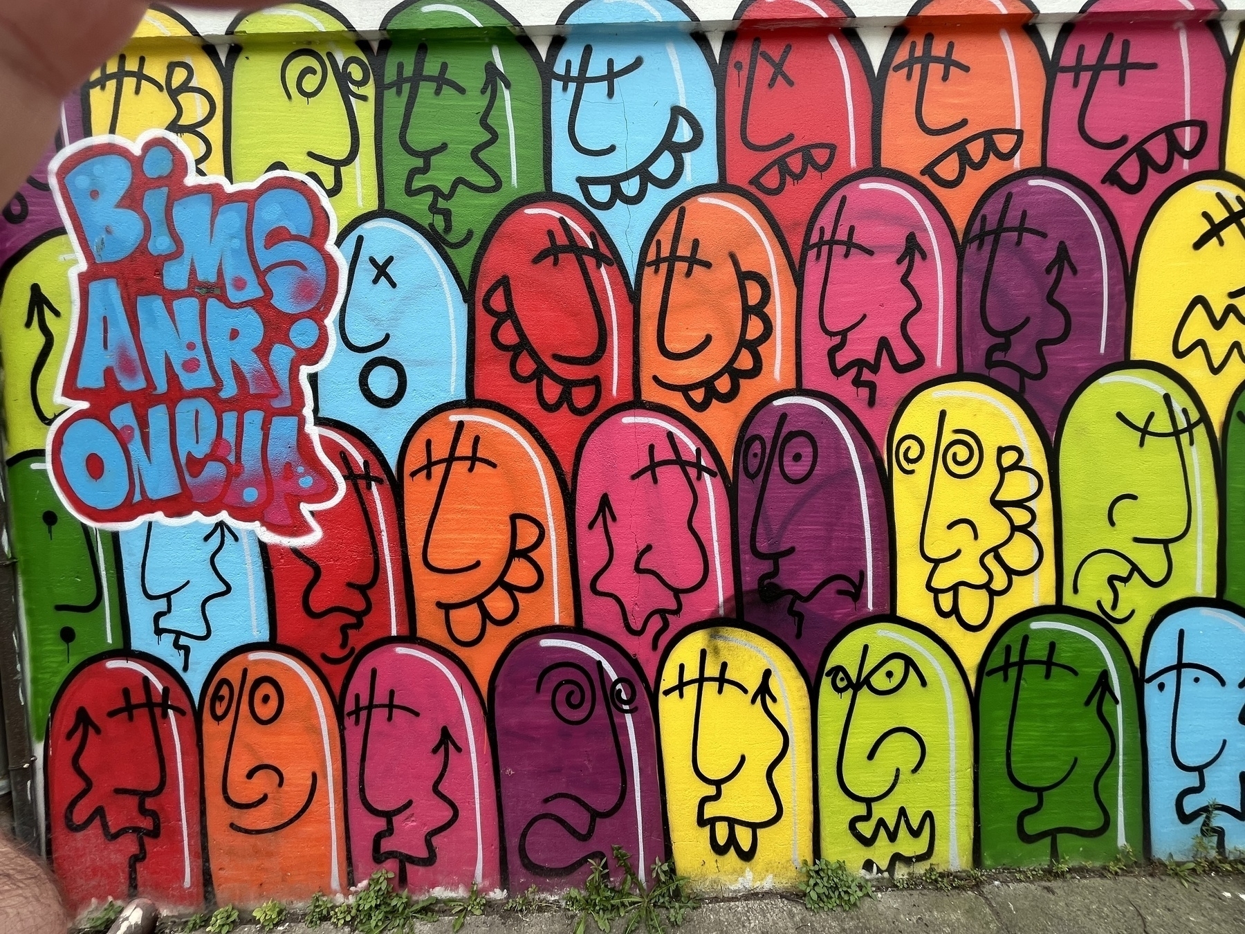 A graffiti wall showing 28 different faces all with different expressions and different colours of the rainbow and the words “bims anrione!!!” In one corner. 