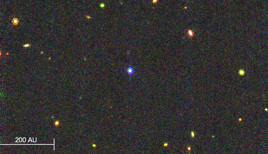 False color image from JWST showing several stars on a black background. The WD is a blue speck in the middle of the image.