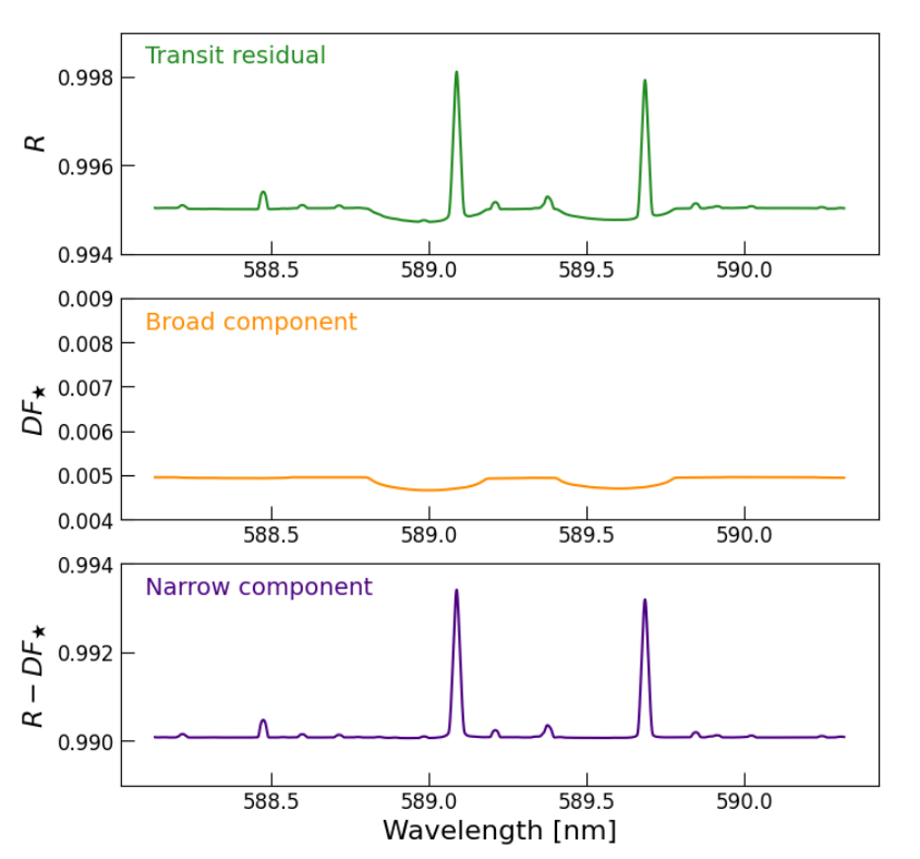 A combination of broad line spectra from a rotationally broadened star and the narrow emission from the area of the star blocked by the exoplanet in transit.