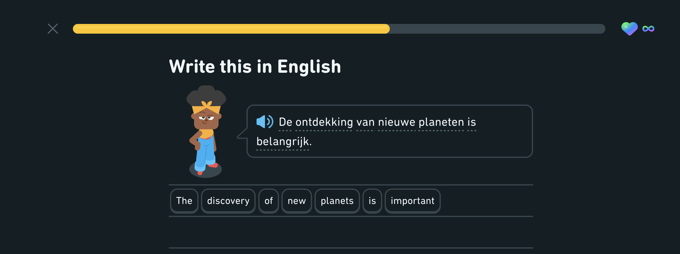 A duolingo Dutch prompt that translates as "The discovery of new planets is important"