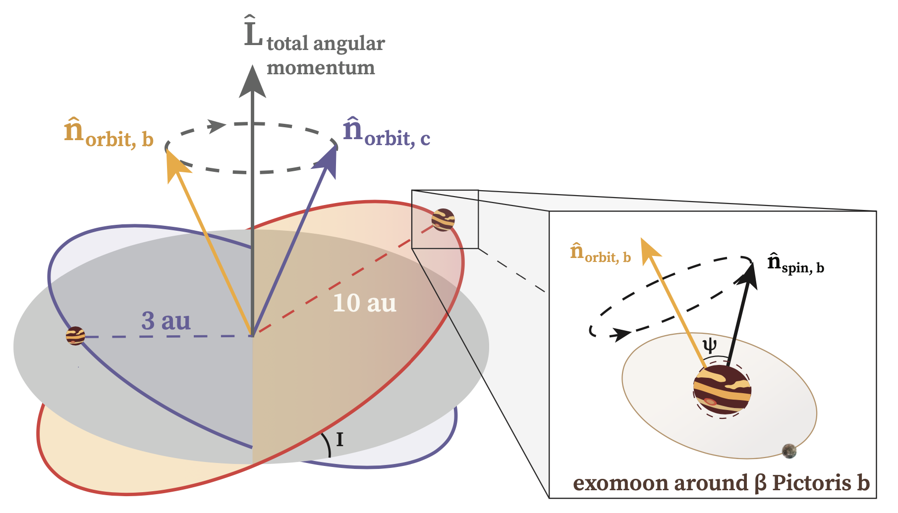 A cartoon of the orbits of the exoplanets Beta Pic b and c around the central star, with a zoom in of Beta Pic b showing the geometry of the spin axis of the planet with respect to the orbital plane of an exomoon orbiting around it. We Like The Mooooooon!