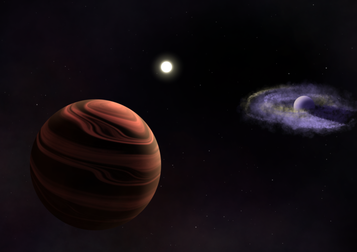 The two gas giant planets YSES 1b has a circumplanetary disk surrounding a purple coloured visualisation of the gas giant, and a sandy coloured gas giant 1c in the lower right. The star can be seen in the distance. The image is by Ell Bogat at UMD.