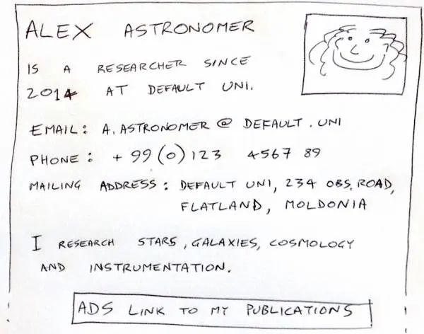 A pen sketch of a web page for an astronomer, showing name, email, optional phone number, and professional contact details, with a one sentence summary of their research and an ADS link.