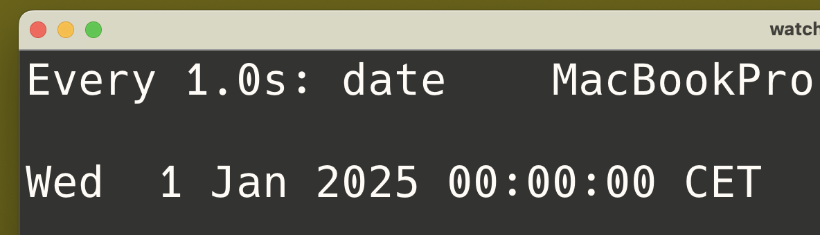 A computer terminal window running the date program, showing Wed 01 Jan 2025 00:00:00 CET