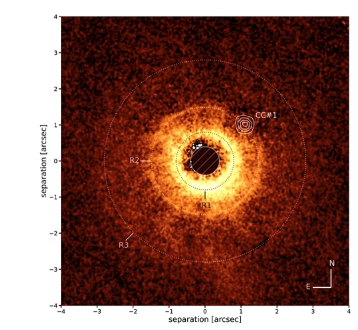 An image taken in polarized scattered light, showing the circumstellar disk around the star. The disk is face on and symmetric, apart from a wide faint gap in the upper left. The position of the gap is identical to the location of the candidate companion.