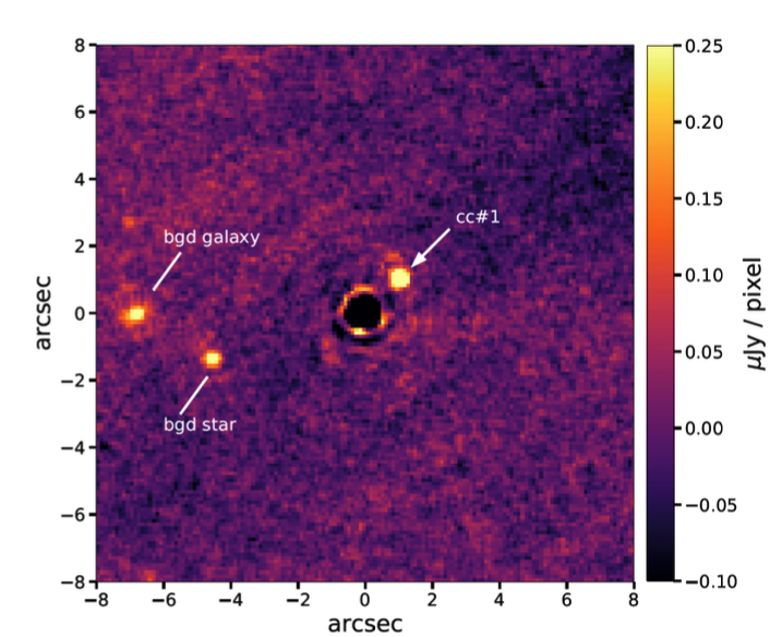 An image with a black circle in the middle that represents the blocked out light of the central star, with a bright point source to the upper left of the star at about 1 arcsecond. To the right is another point source, a background star and a galaxy.