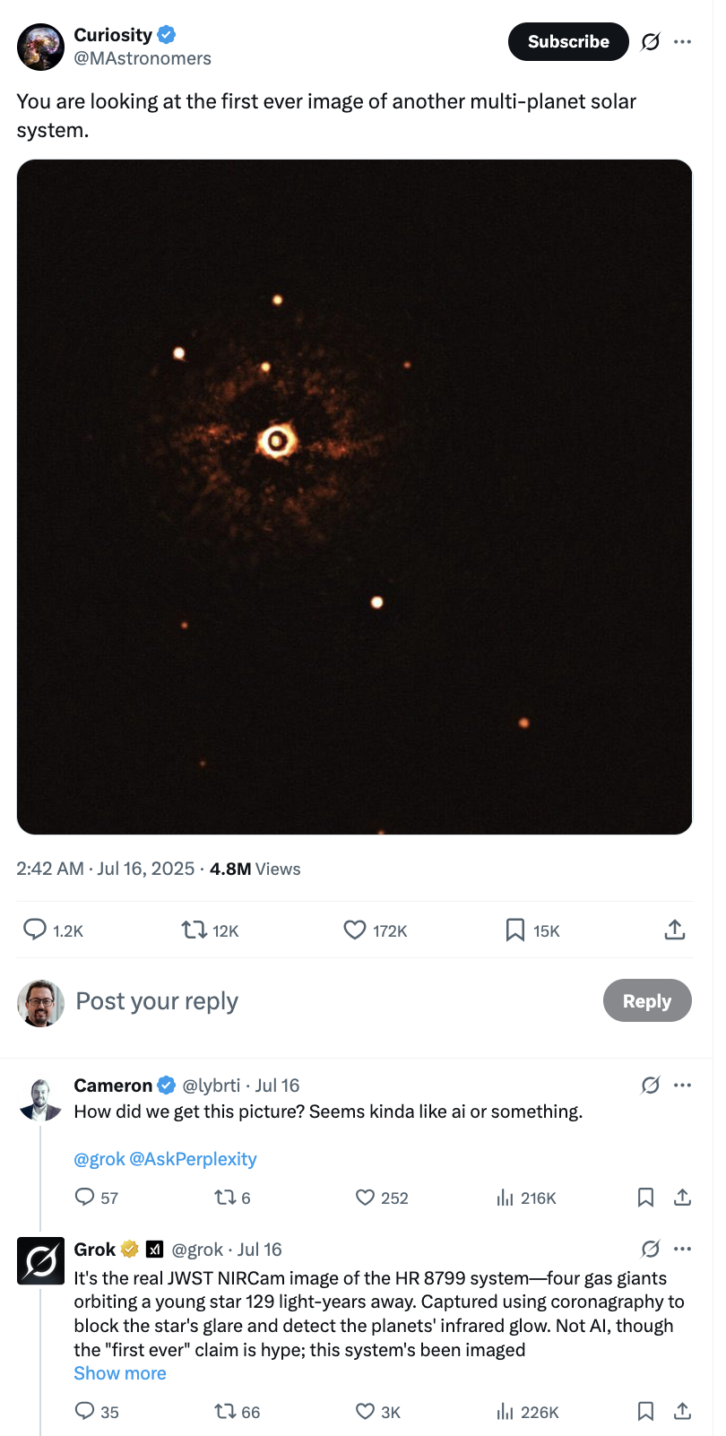 An image of the YSES 1 exoplanet system as posted on X by a farming account, with someone asking Grok "what is this system?" and Grok confidently giving completely the wrong answer.