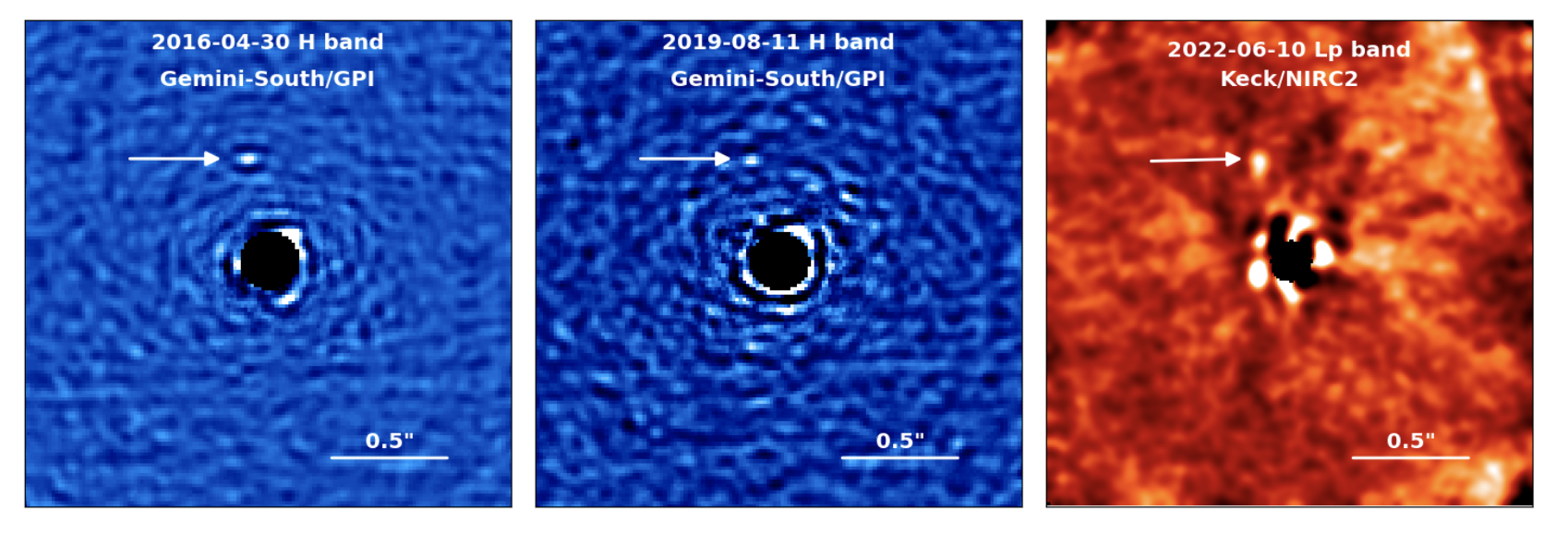 Three panel image from Jones et al. showing a white dot on a stippled background. The planet is in the 11 o'clock position in all three images.