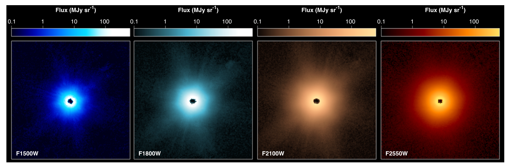 Four images showing a smooth round disk face on to our line of sight. The longest wavelength image a thin ring can be seen superimposed in the image.