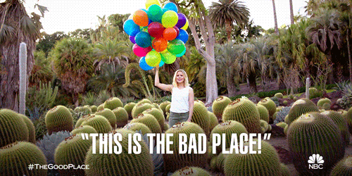 A woman holding a bunch of helium filled balloons standing in the middle of a field of prickly cacti saying "This is the Bad Place!"