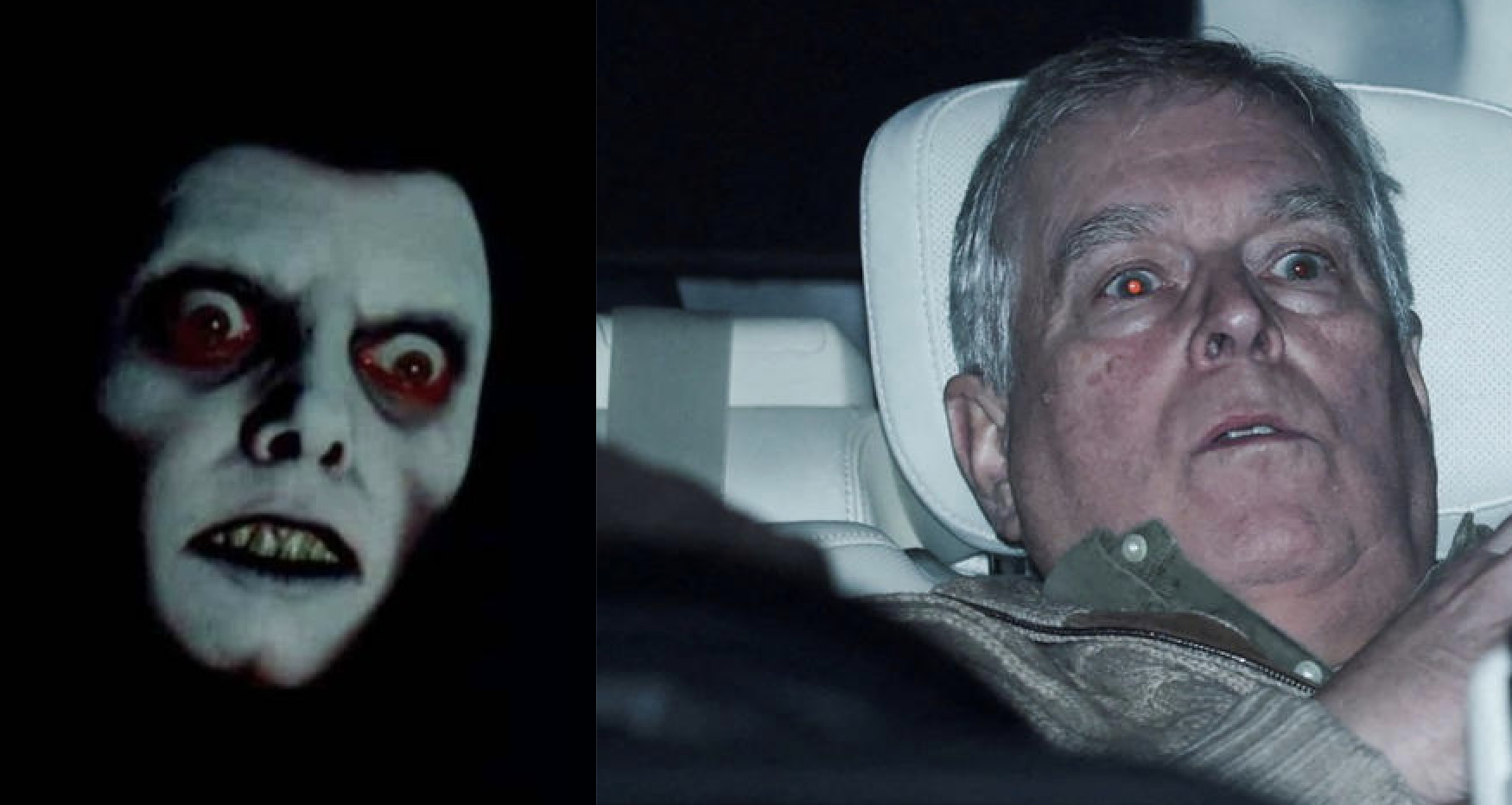 Andrew Mountbatten-Windsor sitting in a reclined seat of a car being driven out of a police station, and the demon Pazuzu as seen in the film "The Exorcist"