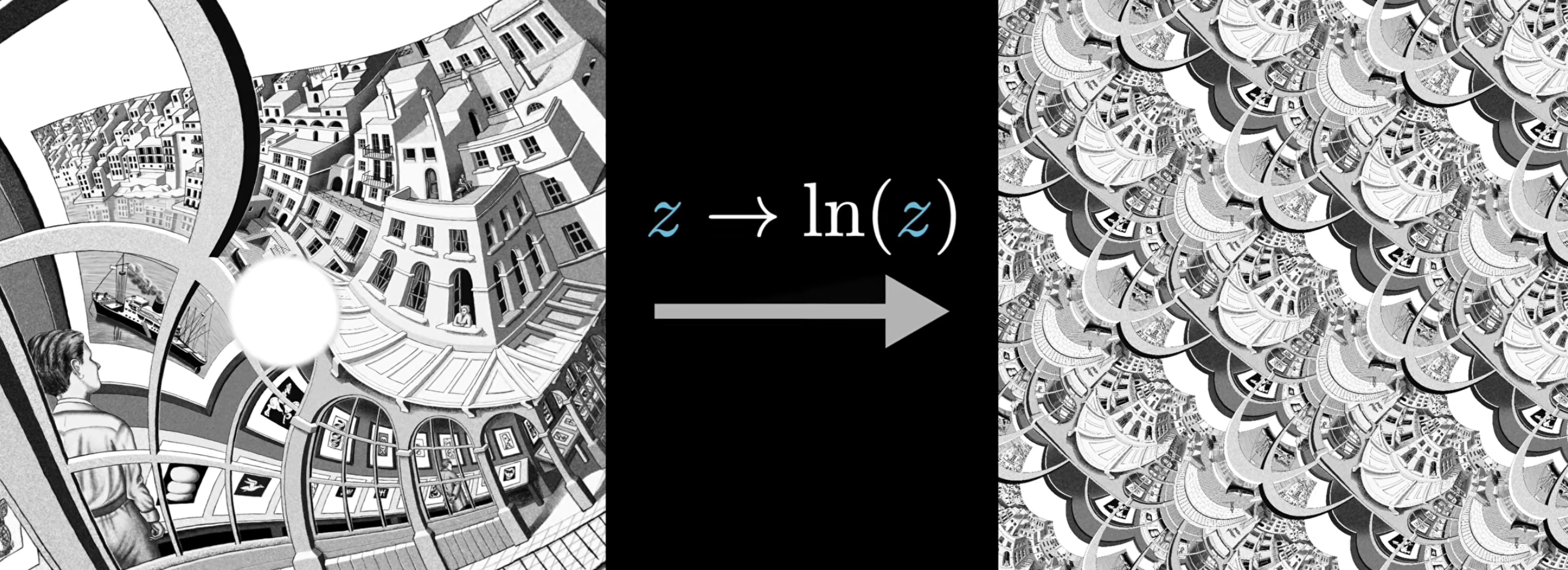 M.C. Escher's The Picture Gallery shows a highly distorted image of a continuously zoomed image, and the conformal mapping to a plane with infinitely tiled copied of this distorted image.