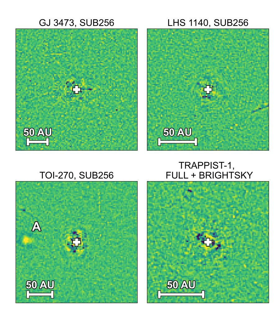 Images of M stars and their surrounding environment. In one of the four panels, a candidate source is seen to the left of the main star.