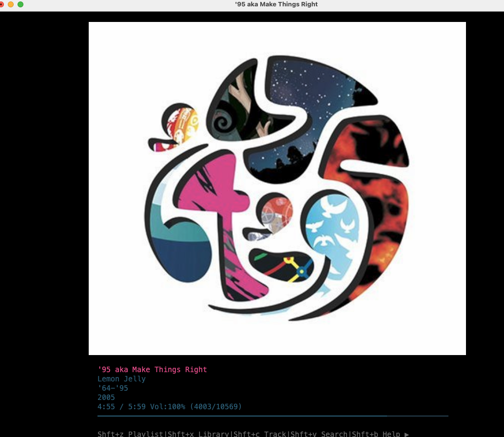 A mac osx terminal window with the image of the Lemon Jelly album "64-95" in the upper middle part of the window, with coloured text labels underneath it.