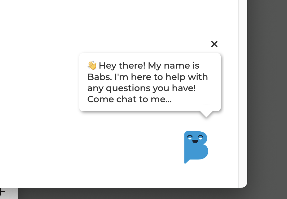 Truly traumatic image of a cheeky chatbot icon for Birmingham Airport called Babs. Babs is a pale blue bubble shaped letter B with the white eyes of a demon. Each time I close my eyes I see their eyes floating in the darkness in front of me. The last sentence it is saying is "Come chat to me...."
