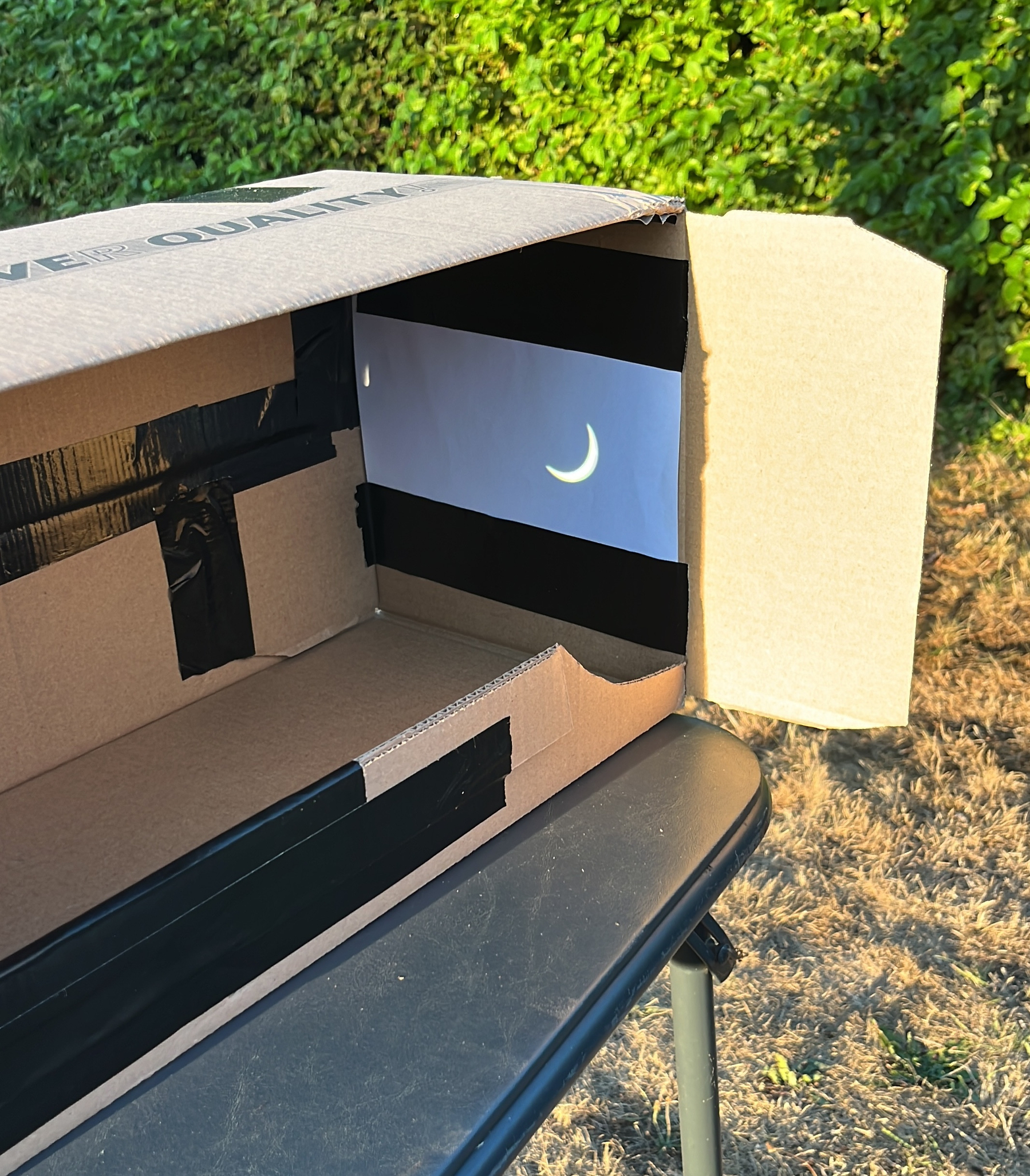 A crescent Sun projected onto a white piece of paper sitting inside a cardboard box, projected by a binocular eyepiece. It is on a card table with brown scorched grass below and against a green bush.&10;